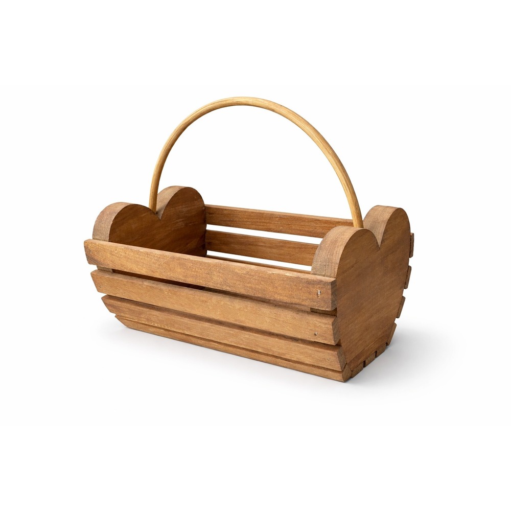 Rustic Heart‎ Shaped Wood Slat Basket Decorative Farmhouse Crate Handle Brown